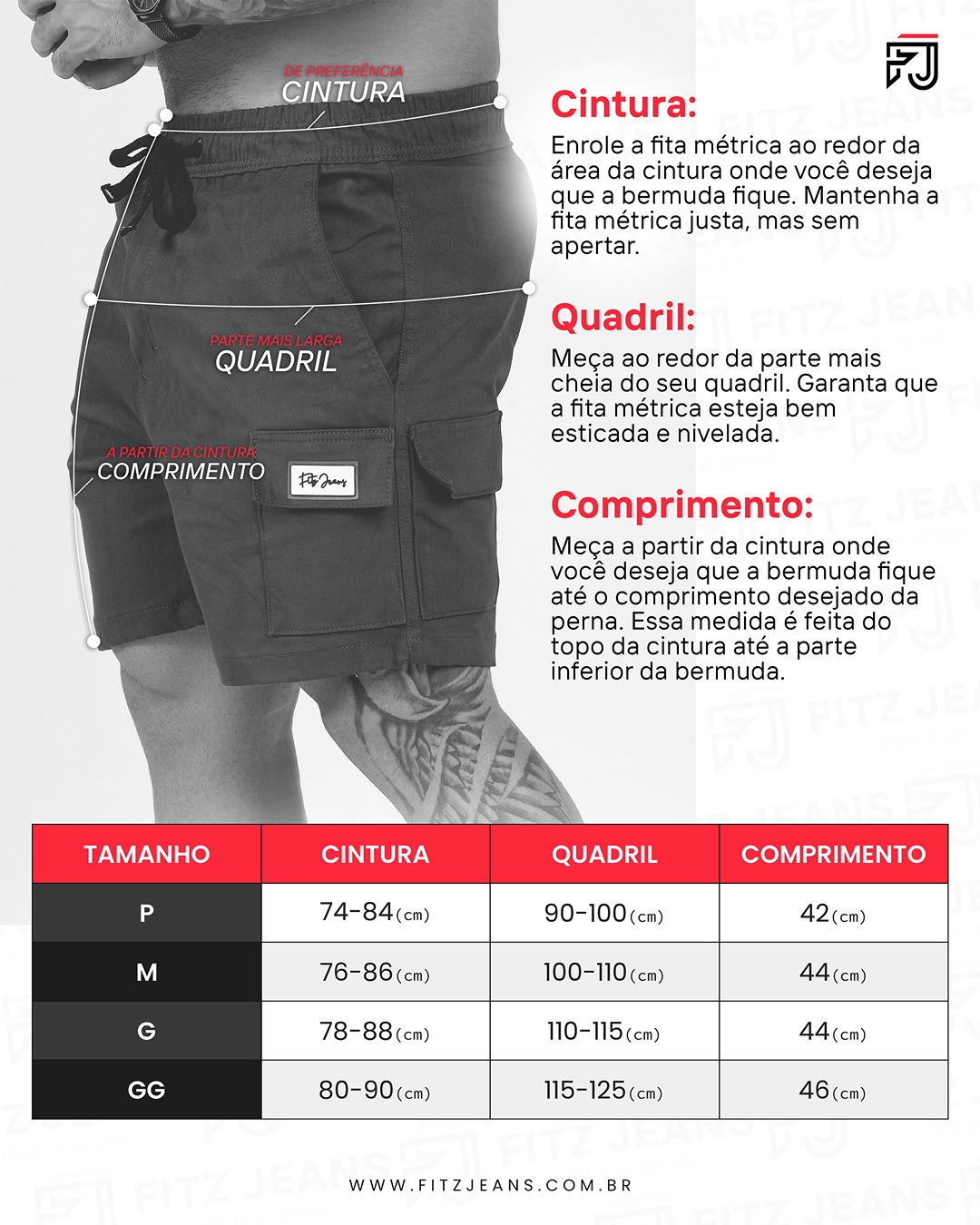Tabela de medidas shorts sarja